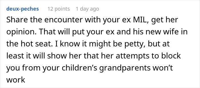 Reddit comment discussing how to handle a situation with an ex-MIL and ex&rsquo;s new wife after receiving a birthday gift.