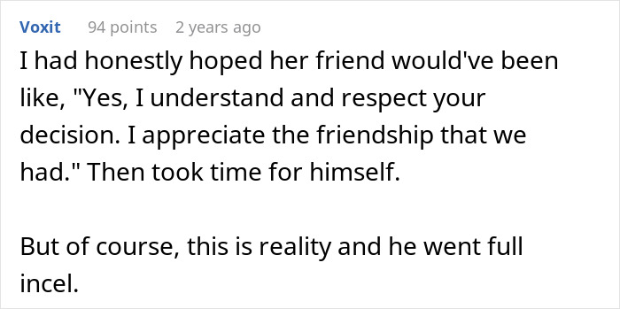 Text about a bride dealing with a love confession from her male best friend, posted by user Voxit two years ago.