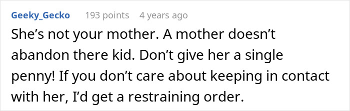 Comment criticizing a toxic mom&rsquo;s demand for a child's inheritance, suggesting a restraining order.