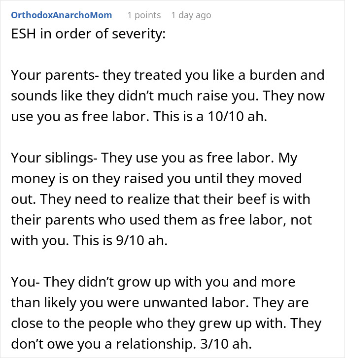 Text discussing teen refusing to be family babysitter due to feeling used as free labor by parents and siblings. Text discussing teen refusing to be family babysitter due to feeling used as free labor by parents and siblings.