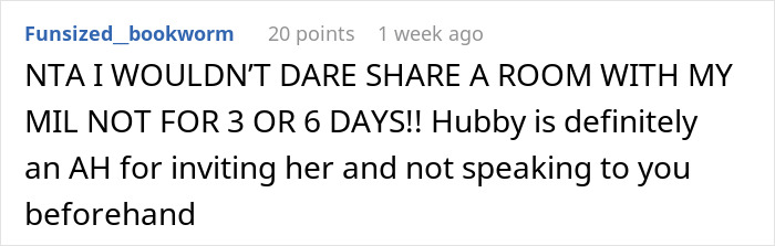 Comment section discussing MIL sharing hotel room on vacation.
