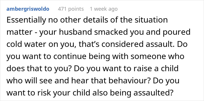Comment discussing issues faced by a new mom, mentioning husband pouring cold water on her while she sleeps.