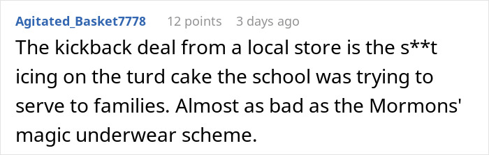 Reddit comment criticizing a school's dress code policy and local store deal. Reddit comment criticizing a school's dress code policy and local store deal.