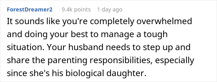 Comment discussing husband and parenting responsibility with daughter.