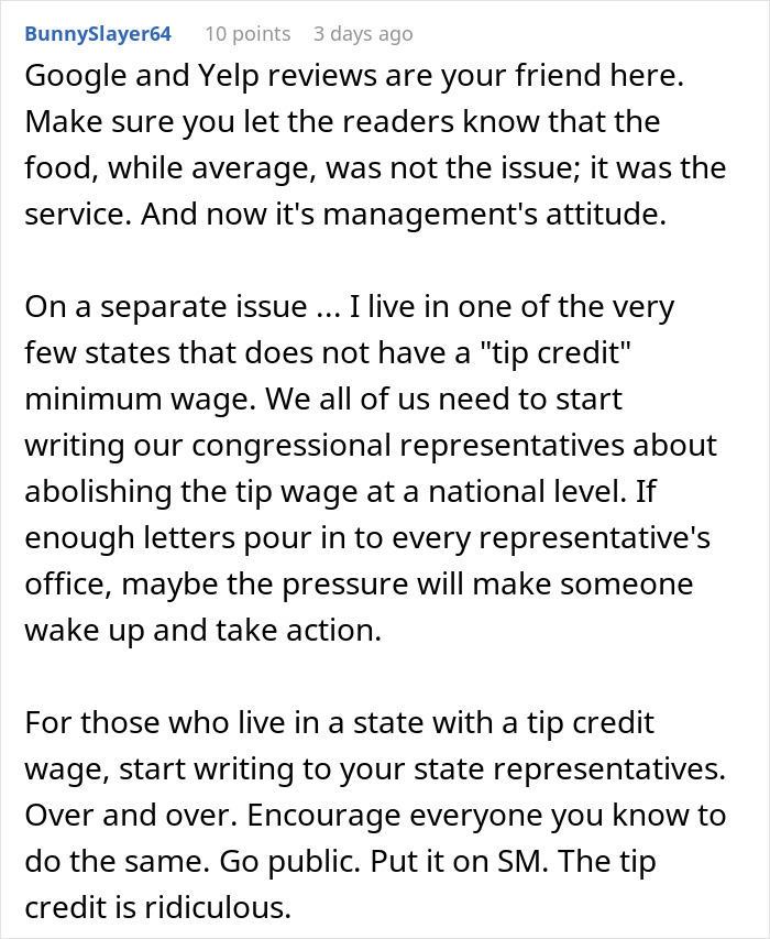 Reddit comment discussing service issues and advocating for abolishing the national tip wage. Reddit comment discussing service issues and advocating for abolishing the national tip wage.