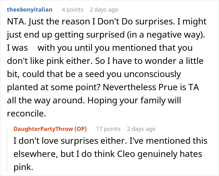 Reddit discussion about a child disliking a pink-themed party.