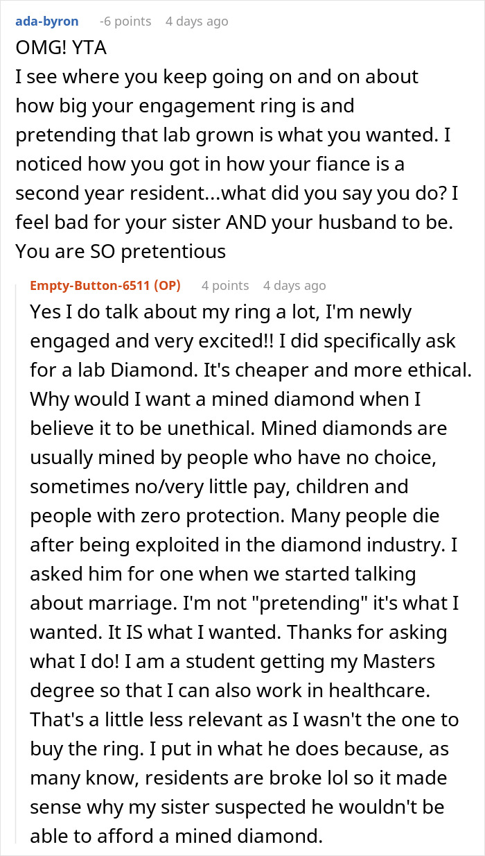 Reddit comment exchange about engagement rings and ethical diamond choices. Reddit comment exchange about engagement rings and ethical diamond choices.