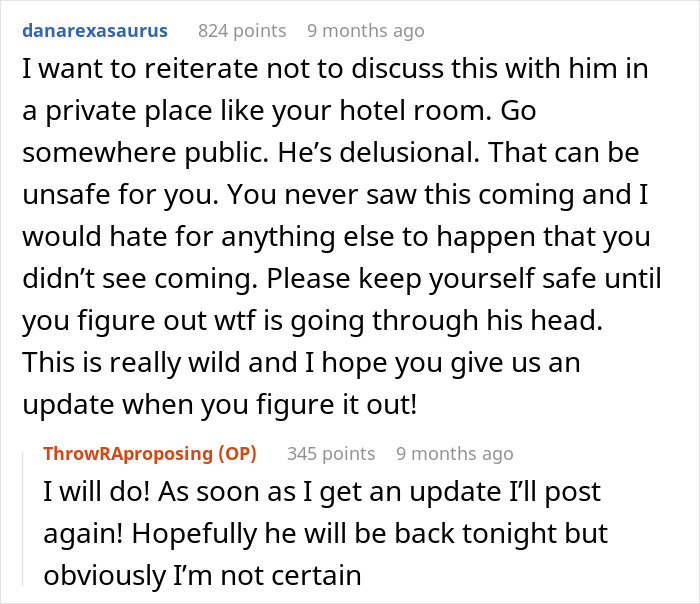 Reddit text exchange about a proposal, one advising safety and public discussion.