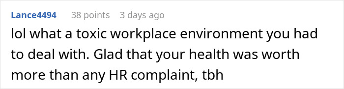 Comment about a toxic workplace environment related to health and HR complaints. Comment about a toxic workplace environment related to health and HR complaints.