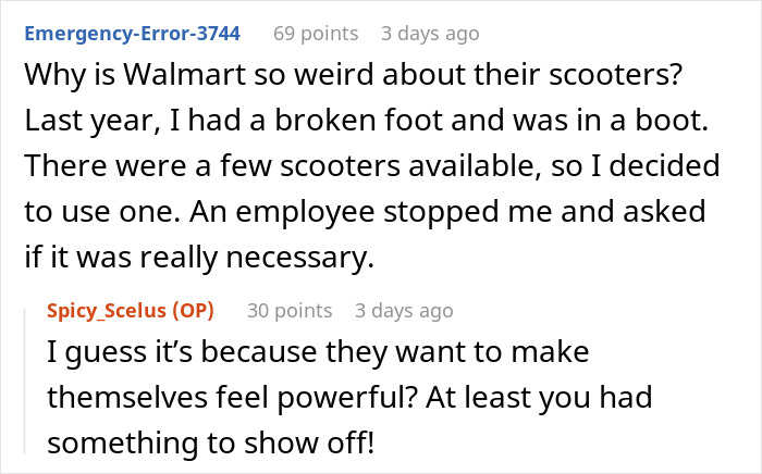 Reddit comments discussing Walmart employee behavior regarding scooter use.