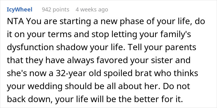 Reddit comment criticizing a spoiled sister for demanding wedding color changes, advising the bride to stand firm. Reddit comment criticizing a spoiled sister for demanding wedding color changes, advising the bride to stand firm.