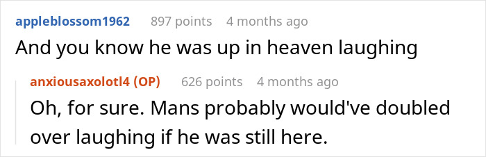 Reddit comment thread with users discussing a humorous situation, mentioning heaven and laughter.