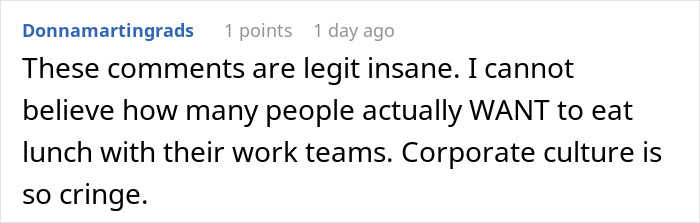 Comment criticizing corporate culture and preference for eating lunch with work teams.