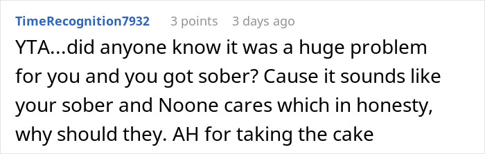 Screenshot of a comment discussing sobriety and lack of family support. Screenshot of a comment discussing sobriety and lack of family support.