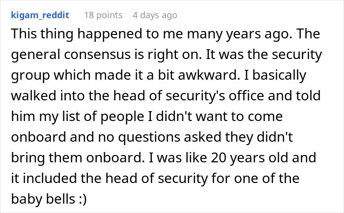Reddit comment about a past workplace experience, discussing security team awkwardness.
