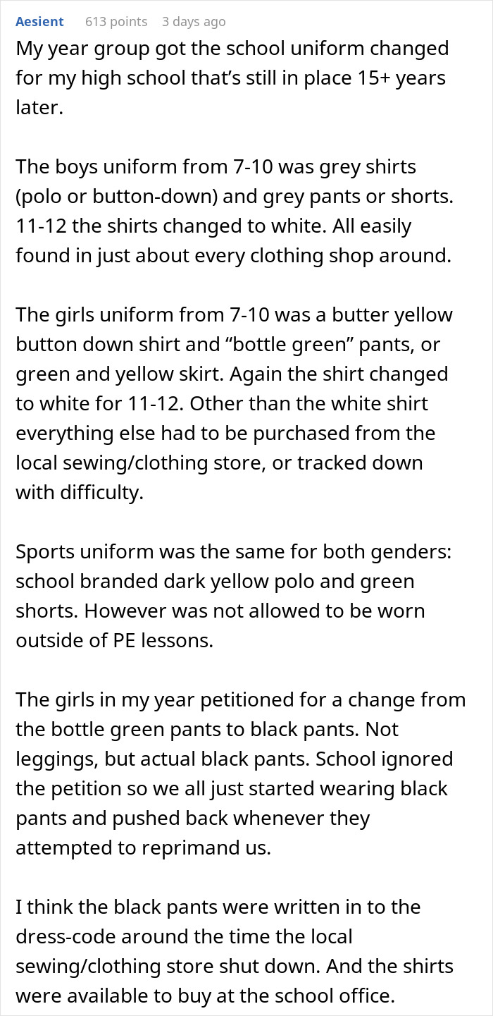 Text detailing a mom's clever use of a school dress code loophole and the resulting influence on uniform compliance. Text detailing a mom's clever use of a school dress code loophole and the resulting influence on uniform compliance.
