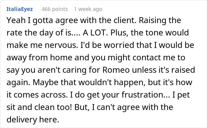 Text exchange about pet sitter raising rates after extra tasks were added. Text exchange about pet sitter raising rates after extra tasks were added.