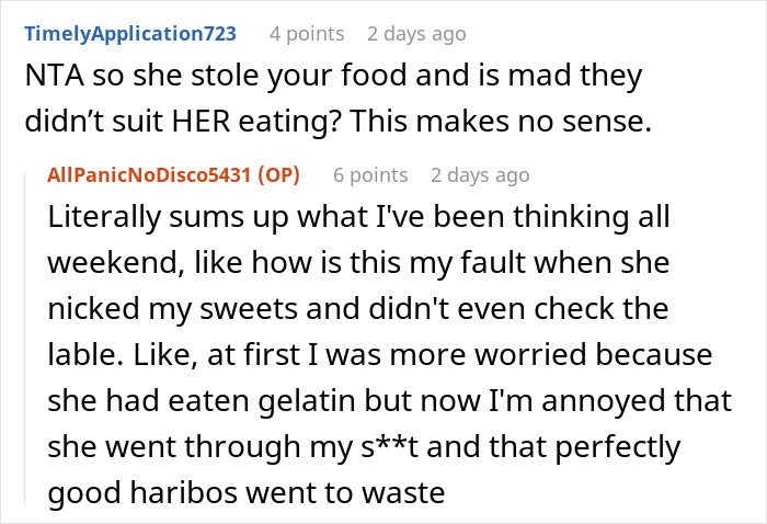 Reddit post about a coworker stealing vegetarian food, leading to blame over "poisoning" with snacks.