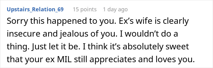 Comment discussing ex-MIL gifting a bracelet and the ex&rsquo;s new wife feeling insecure and jealous.
