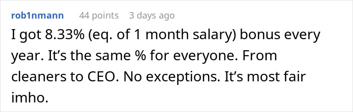 Text post discussing fair yearly bonus for all employees, from cleaners to CEO. Text post discussing fair yearly bonus for all employees, from cleaners to CEO.