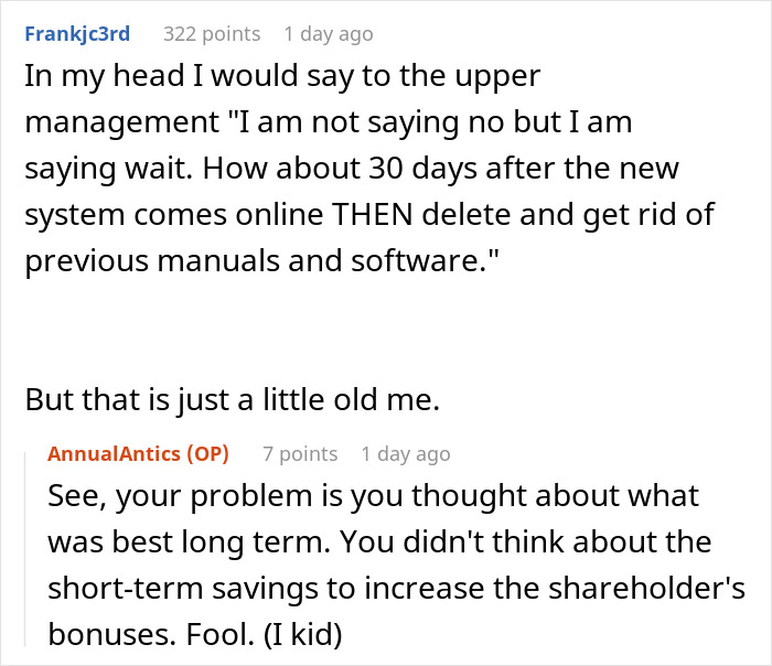 Text exchange humorously discussing management's decision affecting software team.