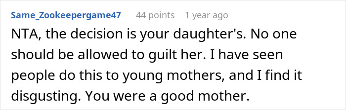 Reddit comment supporting daughter&rsquo;s decision against grandmother&rsquo;s wishes.