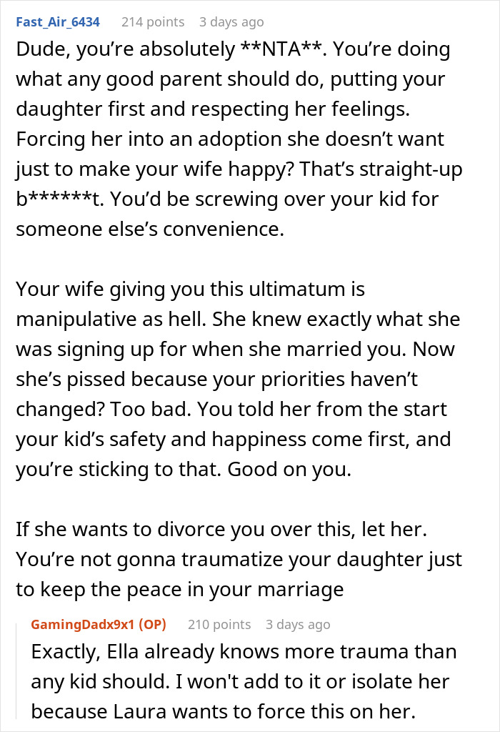 Reddit thread discussing a dad refusing wife&rsquo;s adoption of daughter, prioritizing her safety and happiness.