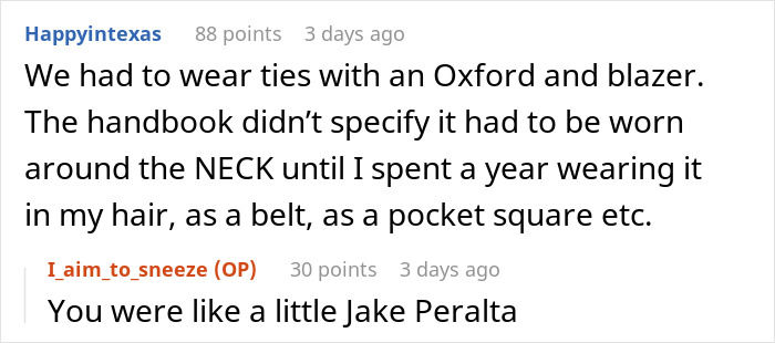 Reddit comment about creatively wearing ties to exploit school dress code loophole. Reddit comment about creatively wearing ties to exploit school dress code loophole.