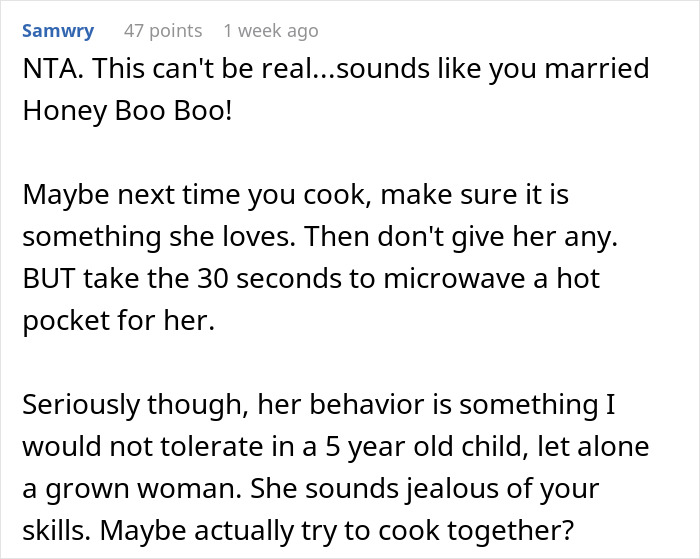 Reddit comment with humor about husband-wife cooking drama and jealousy over cooking skills.