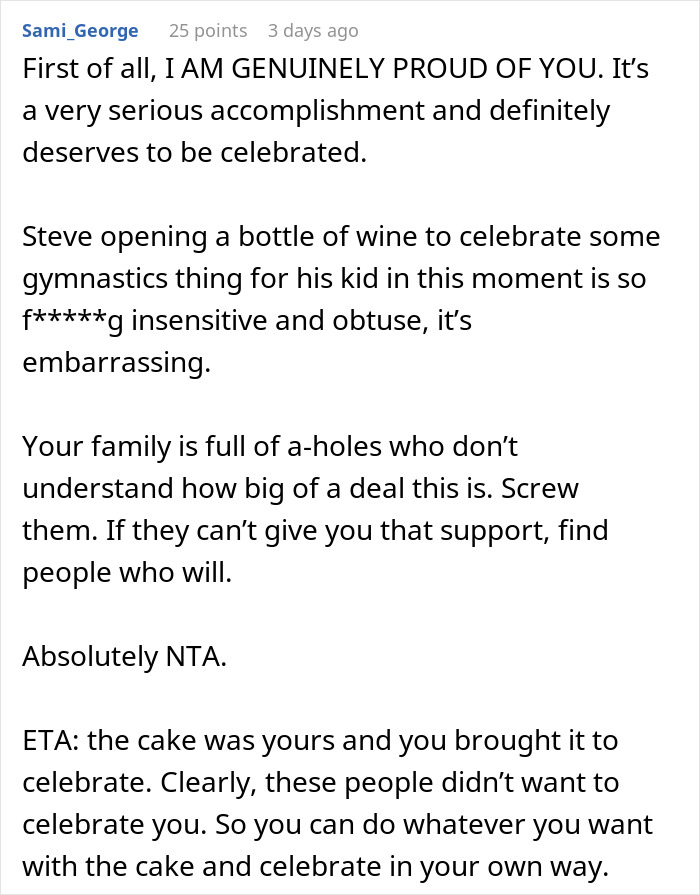 Text expressing strong disapproval about a family not supporting a woman's sobriety milestone. Text expressing strong disapproval about a family not supporting a woman's sobriety milestone.