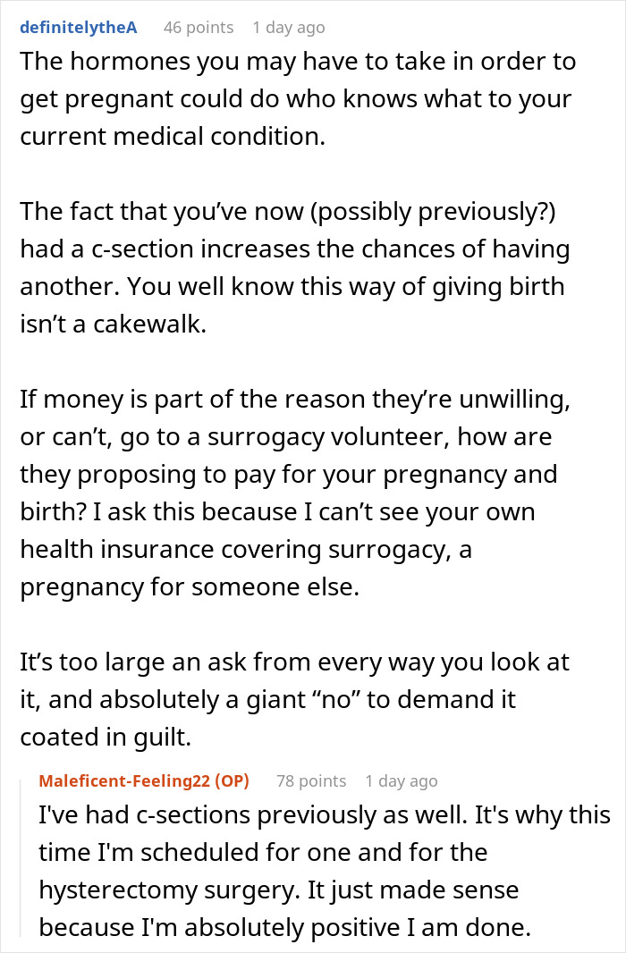 Text conversation discussing hysterectomy plans and pressures of surrogacy. Text conversation discussing hysterectomy plans and pressures of surrogacy.