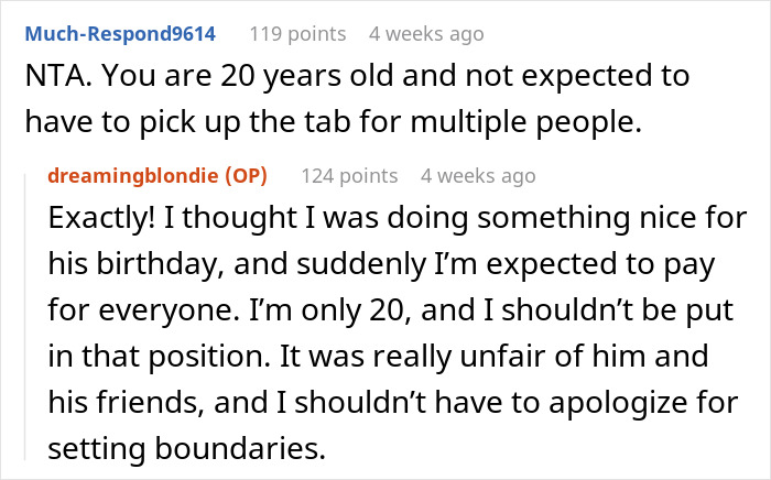 Reddit comments discussing not paying for boyfriend's birthday dinner.