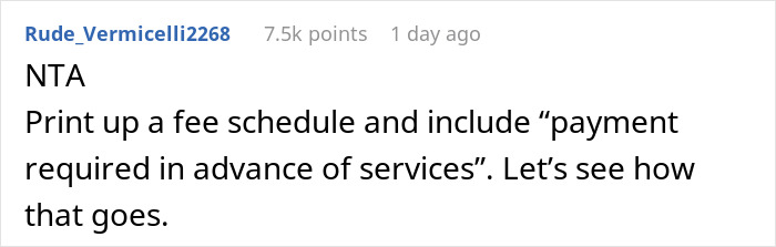 A comment suggesting teen to create a fee schedule for babysitting services. A comment suggesting teen to create a fee schedule for babysitting services.