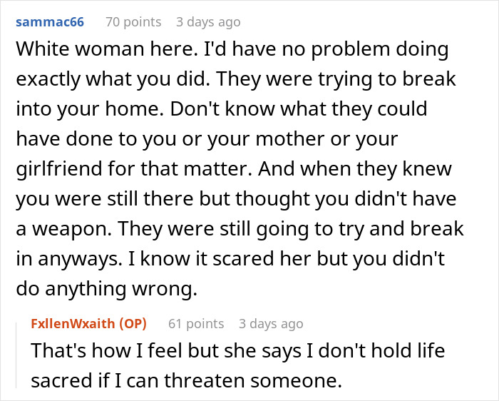 Reddit comments discussing a man's defense of using a gun to threaten intruders.
