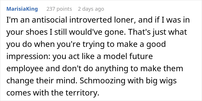 Text comment about being introverted and making a good impression for potential employment.
