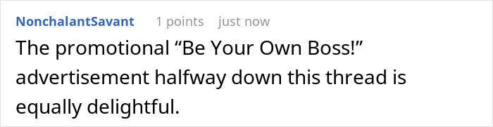 Text exchange highlighting a "Be Your Own Boss!" ad mentioned humorously. Text exchange highlighting a "Be Your Own Boss!" ad mentioned humorously.