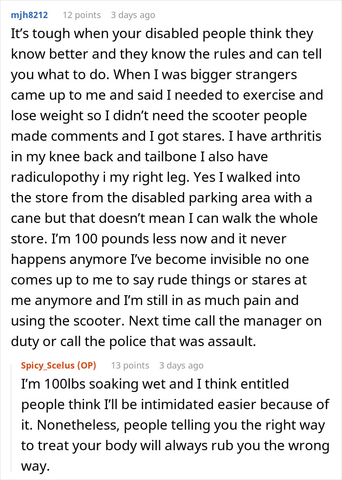 Discussion about disability perceptions and mobility cart use.