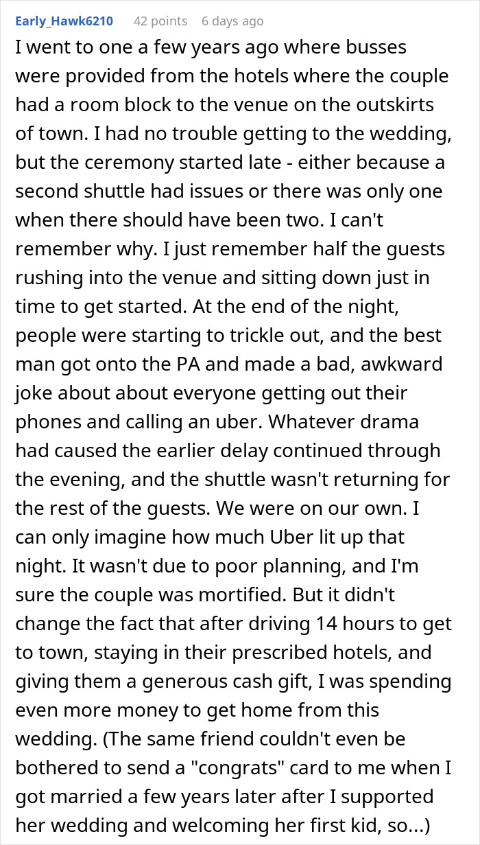 Text detailing a wedding where newlyweds booked one taxi for 100 guests, leading to issues when some guests left early. Text detailing a wedding where newlyweds booked one taxi for 100 guests, leading to issues when some guests left early.