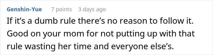 Comment highlighting a mom exploiting a dress code loophole, encouraging noncompliance with unnecessary school rules. Comment highlighting a mom exploiting a dress code loophole, encouraging noncompliance with unnecessary school rules.