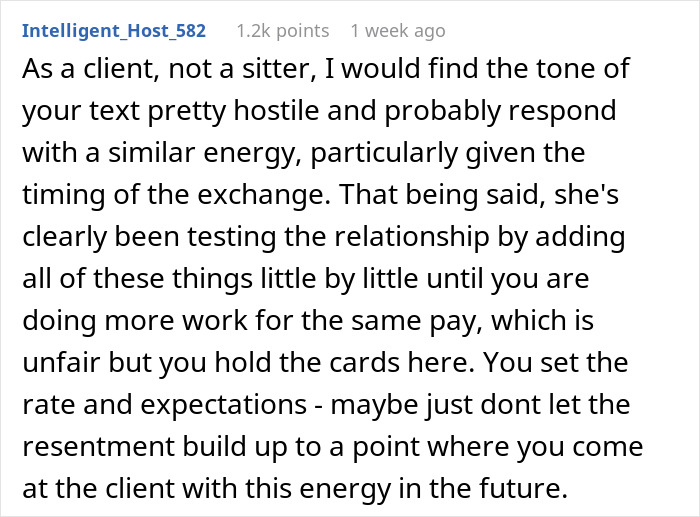 Reddit comment discussing a client and pet sitter's conflict over extra tasks and rate expectations. Reddit comment discussing a client and pet sitter's conflict over extra tasks and rate expectations.