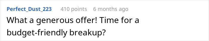 Commenter sarcastically suggests a cost-effective breakup over dubious free Europe trip.