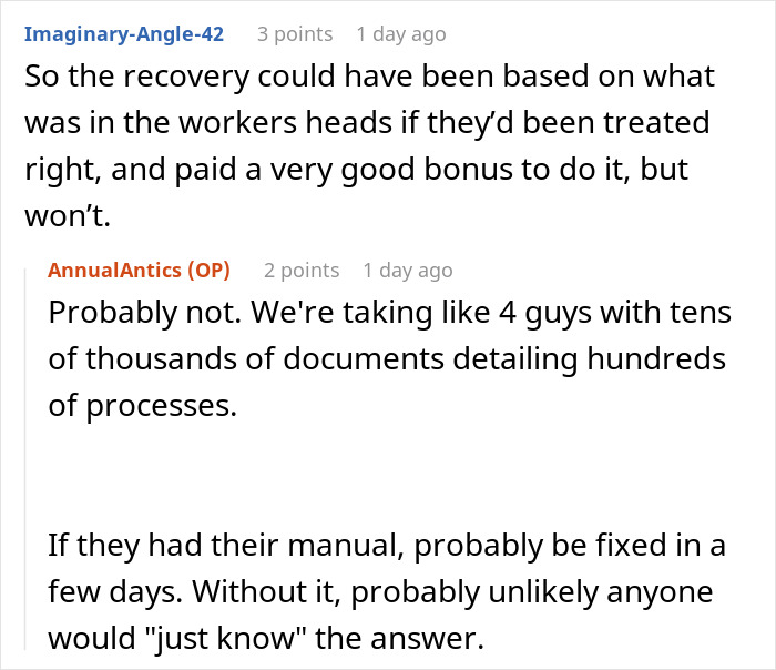 Discussion on software team removal and chaos, mentioning lost knowledge and manual absence.