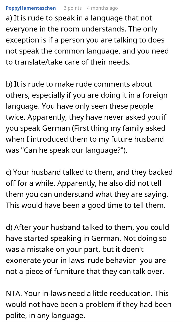 Text exchange discussing a Canadian woman's reaction to rude comments made by her husband's family in German. Text exchange discussing a Canadian woman's reaction to rude comments made by her husband's family in German.
