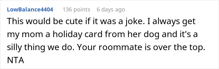 Text of a comment about a roommate's cat, mentioning a holiday card from a dog.