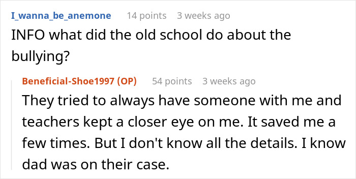 Reddit comments discussing a school's response to bullying by a mom's stepkid.