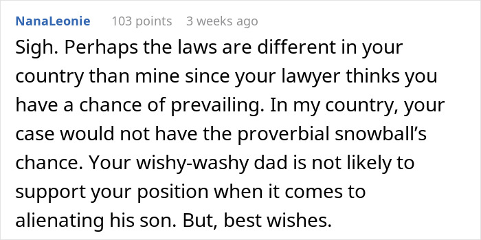 Text from a forum discusses legal chances in a family feud over a family heirloom.