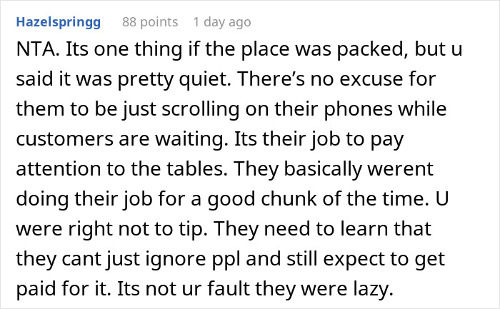 Text discussing staff neglect in a quiet restaurant, leading to no tip due to phone use. Text discussing staff neglect in a quiet restaurant, leading to no tip due to phone use.