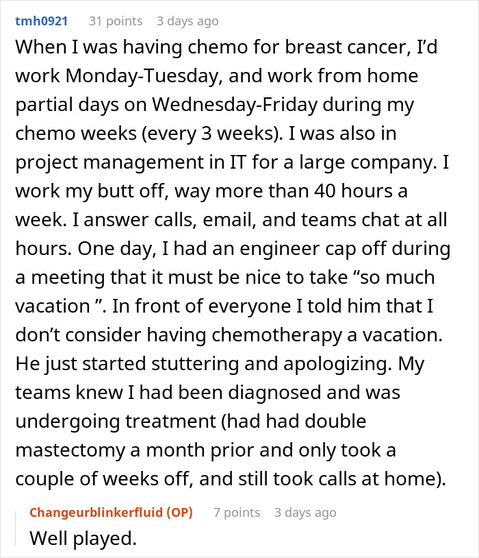 Text discusses a guy confronting an entitled coworker about chemotherapy not being a vacation.