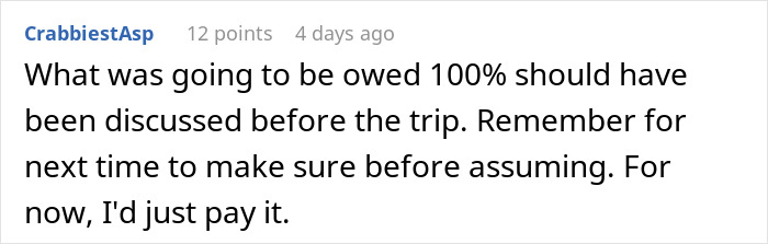 Reddit comment about discussing vacation costs in advance, suggesting to pay unexpected bills. Reddit comment about discussing vacation costs in advance, suggesting to pay unexpected bills.