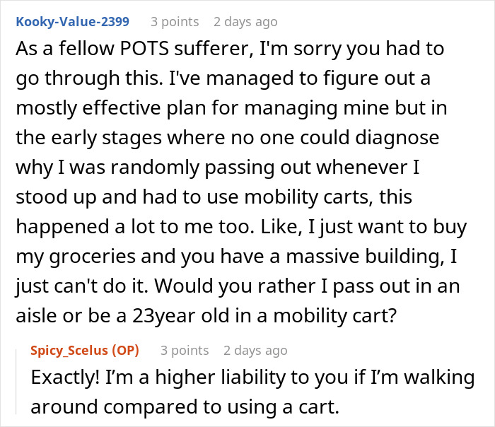 Comments discussing the necessity of using mobility carts at Walmart due to disabilities.